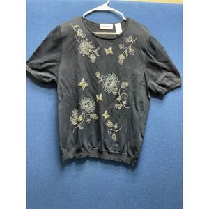 Alfred Dunner Navy Blue Short Sleeve Medium Sweater Floral Butterfly